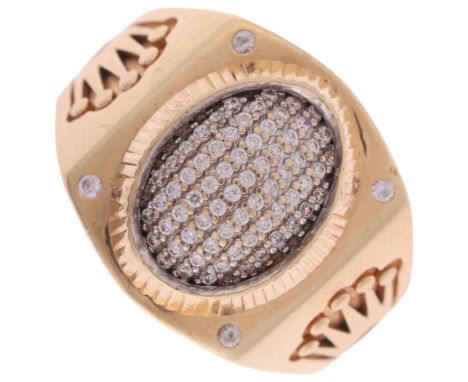 A large 14ct gold cubic zirconia Rolex style signet ring, pave set with round-cut cubic zirconia, with Rolex crown logo shoul