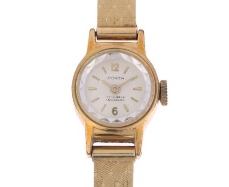 PORTA - a lady's gold plated stainless steel mechanical wristwatch, silvered dial with applied gilt baton hour markers, penci