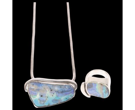 HARALD WILLIAM JENSEN - a Danish modernist sterling silver boulder opal pendant necklace and ring set, pendant 45mm, silver c