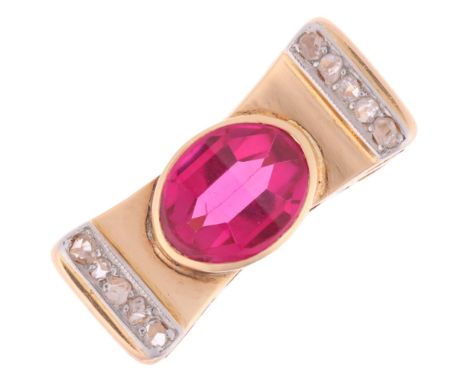 An 18ct gold synthetic ruby and diamond Odeonesque style ring, unmarked mount tests as 18ct, setting height 8.6mm, size K, 5.