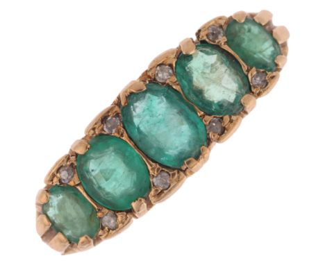 A 9ct gold emerald and diamond half hoop ring, maker RT, London 1993, setting height 6.9mm, size P, 3.5g . Condition Report:N