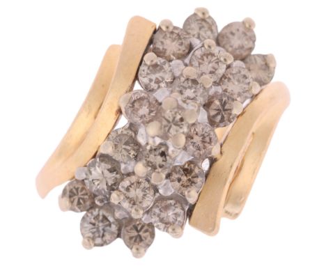 A 14ct gold diamond cluster crossover ring, set with modern round brilliant-cut diamonds, total diamond content approx 1ct, s