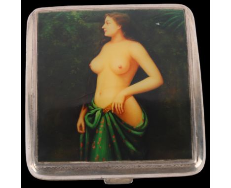 An Art Deco George V silver pictorial nude curved cigarette case, John Henry Wynn, Birmingham 1933, square form with printed 