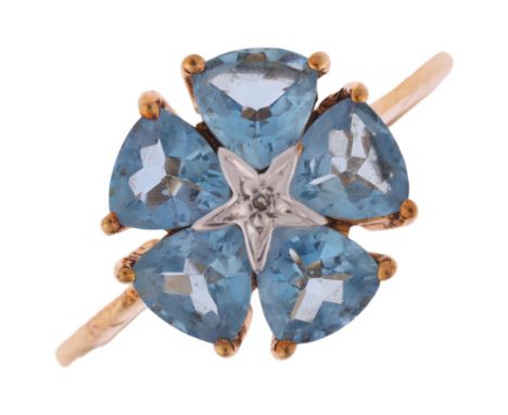 A 9ct gold blue topaz and diamond flowerhead cluster ring, setting height 11.3mm, size N, 2.1g . Condition Report:No damage o
