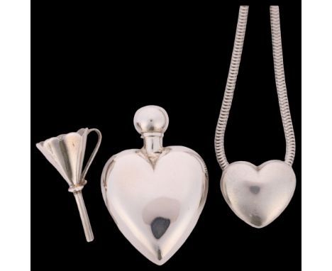 An Elizabeth II miniature silver heart scent flask and refill funnel, London 1995, and a silver heart pendant necklace (2) . 