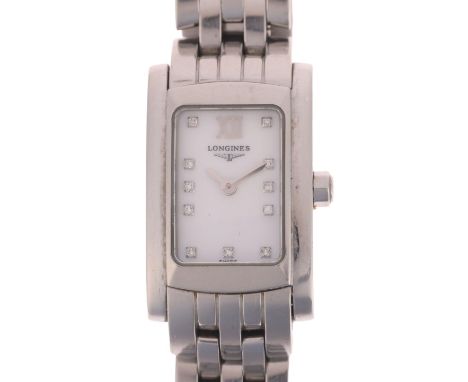LONGINES - a lady's stainless steel DolceVita quartz bracelet watch, ref. L5.158.4, white mother-of-pearl dial with diamond h