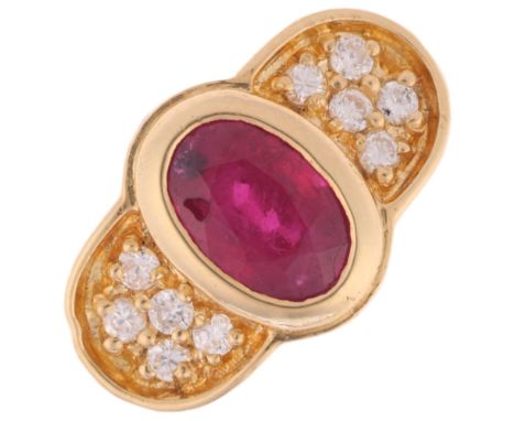 An 18ct gold ruby and diamond panel ring, rub-over set with oval mixed-cut ruby and modern round brilliant-cut diamonds, sett