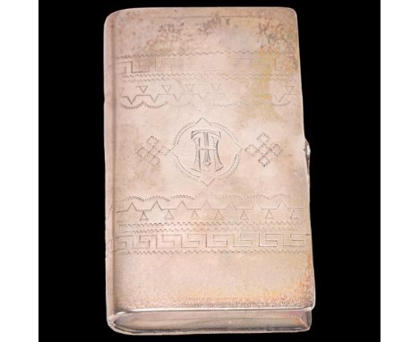 A 19th century Russian 84 zolotnik standard silver 'Book' cigar case, indistinct maker, rectangular form with bright-cut engr