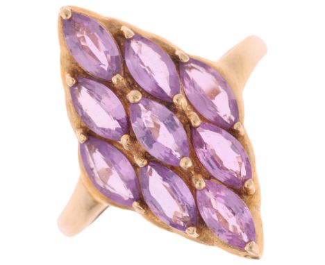 A 9ct gold pink sapphire marquise cluster ring, set with marquise-cut sapphires, setting height 22mm, size N, 4g . Condition 