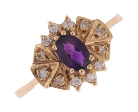 A 9ct gold amethyst and diamond ballerina cluster ring, maker R Ltd, London 1989, setting height 11.5mm, size O, 2.8g . Condi