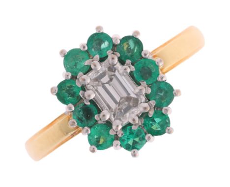 An 18ct gold emerald and diamond cluster ring, claw set with central 0.5ct octagonal step-cut diamond, colour approx G/H, cla