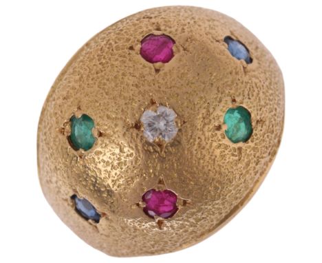 A French 18ct gold gem set bombe ring, set with diamond ruby emerald and sapphire on textured ground, setting height 14.8mm, 
