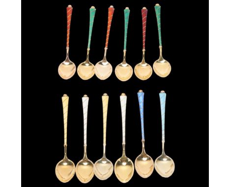 EGON LAURIDSEN - a set of 12 Danish vermeil sterling silver and harlequin enamel coffee spoons, 9.5cm . Condition Report:1 li