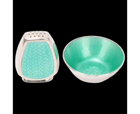 ANTON MICHELSEN - a Danish modernist sterling silver and green enamel pepperette and salt cellar, largest height 4.5cm, 1.3oz