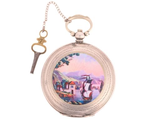 A Turkish silver Ottoman Empire full hunter key-wind pocket watch, white enamel dial with arrowhead hour markers, blued steel