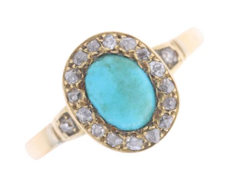 A Victorian 18ct gold turquoise and diamond oval cluster ring, set with oval cabochon turquoise surrounded by old-cut diamond