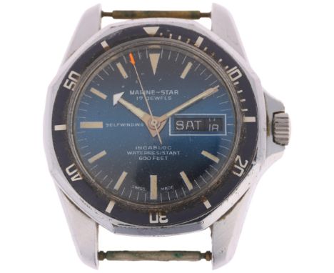 SICURA/BREITLING - a Vintage stainless steel Marine-Star automatic calendar wristwatch head, circa 1970s, ombre blue dial wit