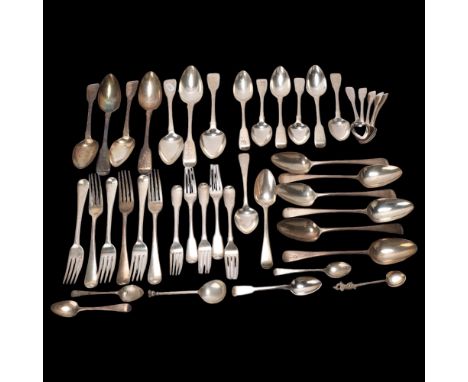 A quantity of Antique silver flatware, including group of George III and Victorian Fiddle pattern cutlery, with engraved ostr