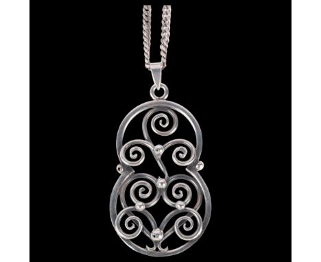 An Art Nouveau style Swedish silver openwork pendant necklace, on sterling flat curb link chain, pendant 60.9mm, chain 42cm, 