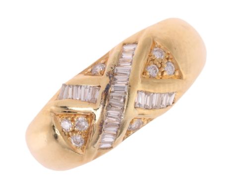An 18ct gold diamond crossover bombe ring, set with tapered baguette and modern round brilliant-cut diamonds, total diamond c