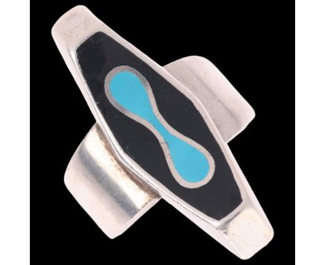 HANNE KAUFMANN - a Danish modernist sterling silver enamel panel ring, setting height 31mm, size P, 9.1g . Condition Report:E