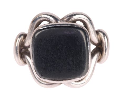 GEORG JENSEN - a Danish modernist sterling silver hematite panel ring, model no. 27A, setting height 17.1mm, size L, 7.9g . C