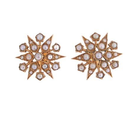 A pair of 9ct gold split pearl 6-ray starburst stud earrings, closed-back settings, apparently unmarked and tests as 9ct, 18.