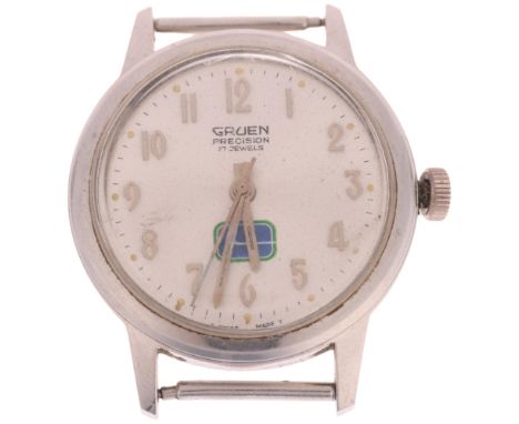 GRUEN - a Vintage stainless steel 'Vancouver Canucks' Precision mechanical wristwatch head, circa 1970s, silvered dial with a