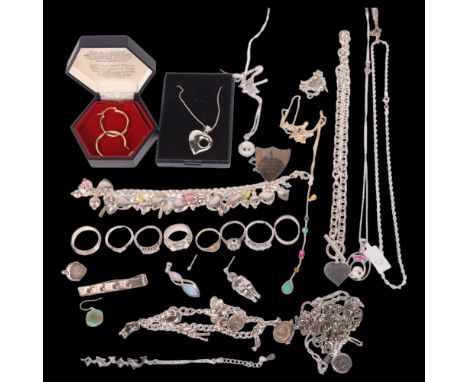 Various silver jewellery, including heart pendant necklace, hoop earrings, charm bracelet, rings, etc . Condition Report:Lot 