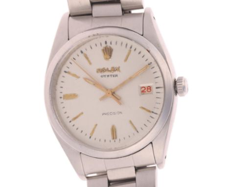ROLEX - a Vintage stainless steel Oyster Precision mechanical calendar bracelet watch, ref. 6494, circa 1958, silvered dial w