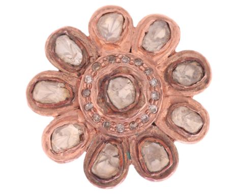 An Indian Polki diamond flowerhead cluster ring, unmarked mount tests as 14ct rose gold and base metal, setting height 24.4mm
