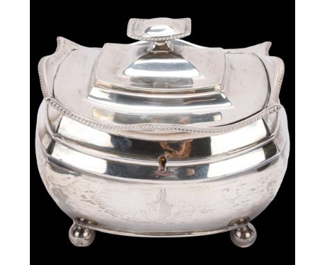 A fine George III silver tea caddy, Alice & George Burrows II, London 1811, bulbous rectangular form with shaped gadrooned ri