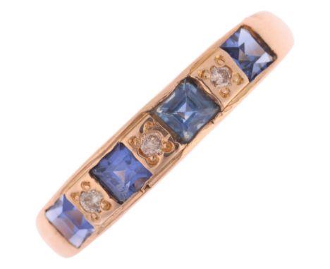 A 9ct rose gold sapphire and diamond half eternity ring, setting height 4.2mm, size P, 2.1g . Condition Report:No damage or r
