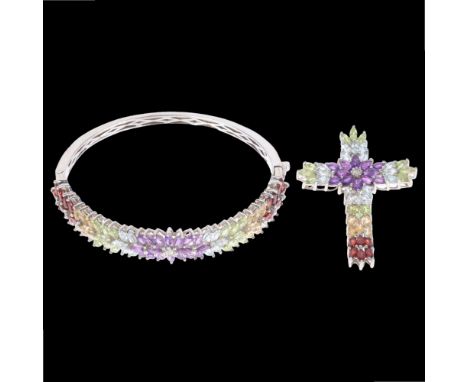 A sterling silver rainbow gem set cross pendant and hinged bangle set, pendant 56.9mm, bangle internal circumference 18cm, 36