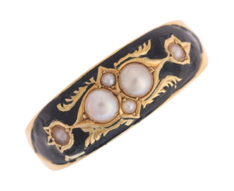 A 19th century 15ct gold split pearl and black enamel mourning ring, maker WGM, Chester 1893, with internal engraved dedicati