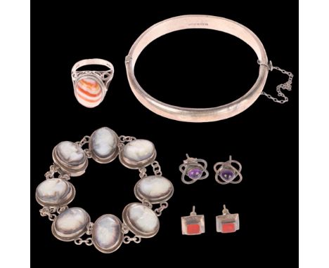 Various silver jewellery, including mother-of-pearl cameo bracelet, agate ring, etc . Condition Report:Lot sold as seen unles