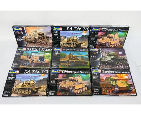 Revell - Nine boxed plastic military vehicle model kits in 1:72 scale. Lot includes Revell #03107 Panther Ausf.D/Ausf.A; #033