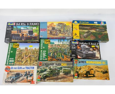 Revell - Airfix - Hasegawa - Nine boxed plastic military model and figure kits in 1:72 and 1:76 scales. Lot includes Revel 1: