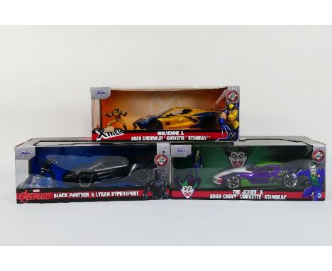 Marvel - Avengers - XMen - Jada Toys. A selection of Five boxed modern Jada, Marvel 1/43 scale diecast vehicles appearing in 