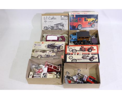 AMT - Revell - Monogram - 8 x vintage model kits which have been built, 4 x Ford Model A's, 2 x 22JR Dragsters, Lil Coffin '3