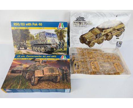 Italeri - AFV Club - Three boxed 1:35 scale plastic military vehicle model kits. Lot consists of Italeri #6562 15cm Panzerwer