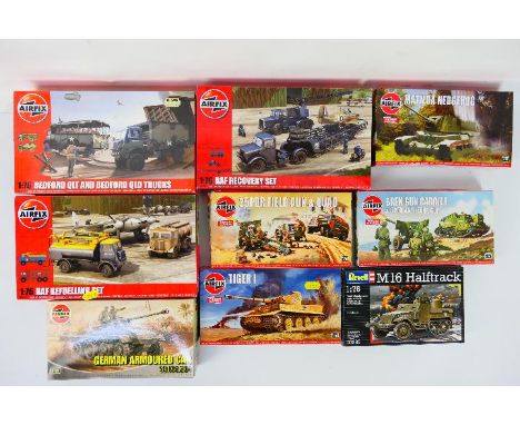Airfix - Revell - Nine boxed plastic military vehicle model kits in 1:76 scale predominately by Airfix. Lot includes Airfix A