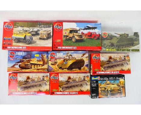 Airfix - Revell - Nine boxed plastic military vehicle model kits in 1:76 scale predominately by Airfix. Lot includes Airfix A