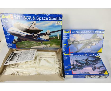 Revell - Three boxed 1:72 scale plastic model aircraft kits. Lot consists of Revell 04863 1:144 scale Boeing 747 SCA & Space 