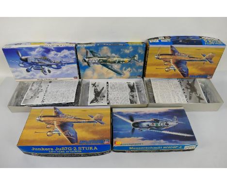 Hasegawa - Five boxed 1:48 scale German WW2 military aircraft plastic model kits. Lot consists of #0954 Junkers Ju87G-2 Stuka