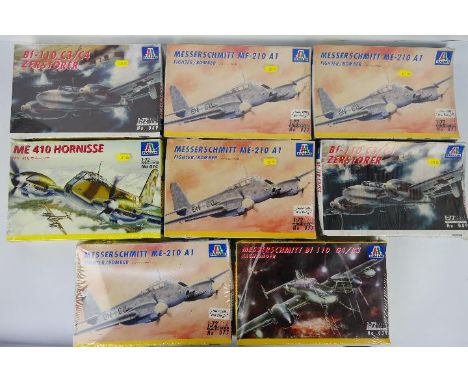 Italeri - Eight boxed 1:72 plastic WW2 German military aircraft model kits from Italeri. Lot includes Italeri #077 Messerschm