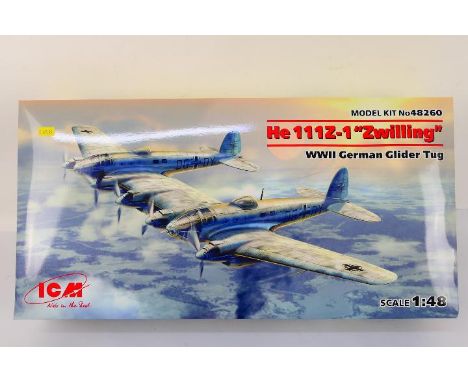 ICM - A boxed 1:48 scale ICM #48260 He 111Z-1 'Zwilling' WW2 German Glider Tug plastic model kit. The kit is presumed Mint be