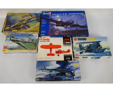 Revell - Zvezda - Airfix - Hasegawa - ICM - Six boxed 1:72 scale military aircraft plastic model kits. Lot includes Revell #0