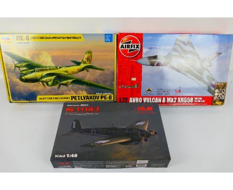 Airfix - ICM - Zvezda - Three boxed plastic military aircraft model kits. Lot consists of Airfix A50097 1:72 scale Avro Vulca