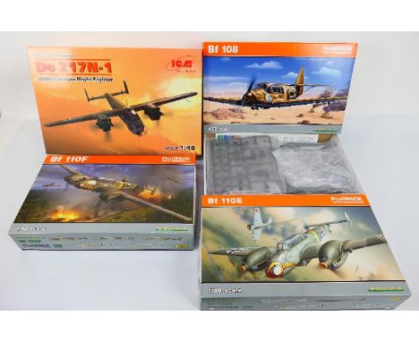 Eduard - ICM - Four boxed 1:48 & 1:32 scale German WW2 military aircraft plastic model kits. Lot consists of Eduard 'ProfiPac